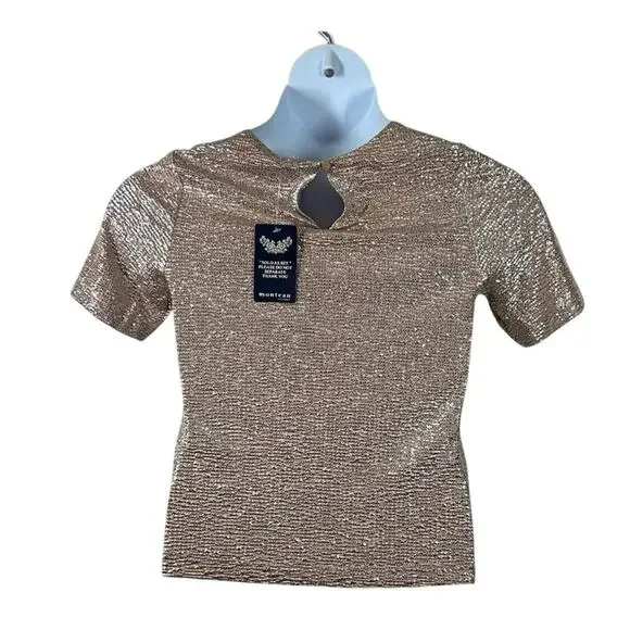 Monteau Champagne Metallic Textured Short Sleeve Top Size Small NWT - Picture 5 of 15